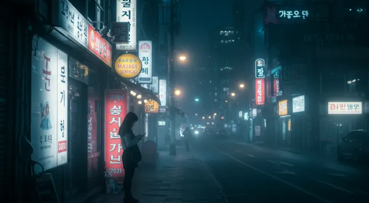 대구 도심의 밤, 감성적인 스파 거리를 걷는 여성의 모습. 조용한 분위기 속 따뜻한 조명과 마사지샵 간판들이 보인다.