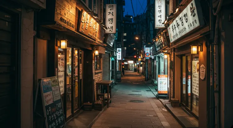 대구 밤거리 감성 사진, 따뜻한 조명 아래 조용한 골목의 힐링 분위기